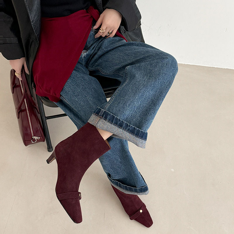 Karin Luna Elegant Style Small Square Toe Belt Buckle Thin Heel Short Boots
