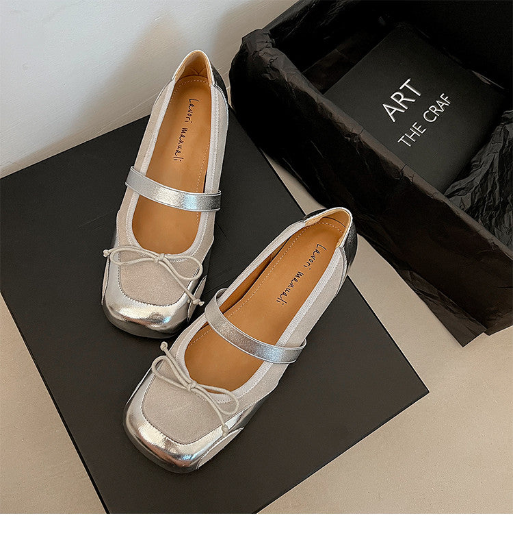Karin Luna In Stock Spot Goods    Color Block Cowhide Leather Square Toe Slip-On Height Increasing Bowknot Flats
