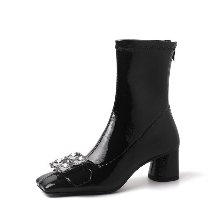 Karin Luna In Stock  Elegant Style Square Toe Rhinestone Chunky Heel Ankle Boots