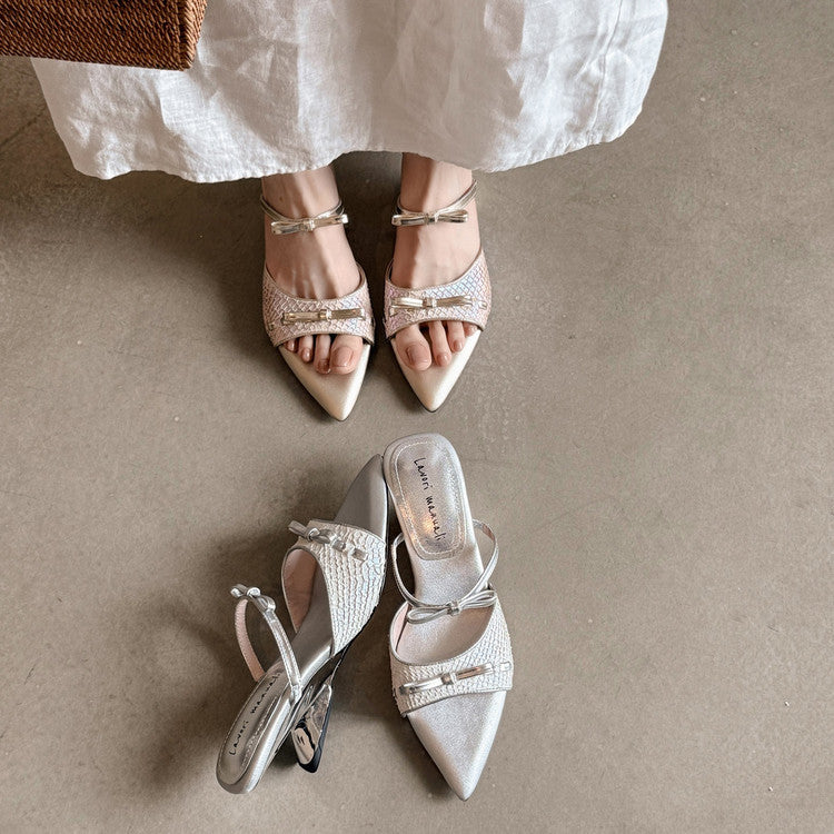 Karin Luna Fish Skin Series~Pointed Toe Irregular Heel Bowknot Strap Slippers