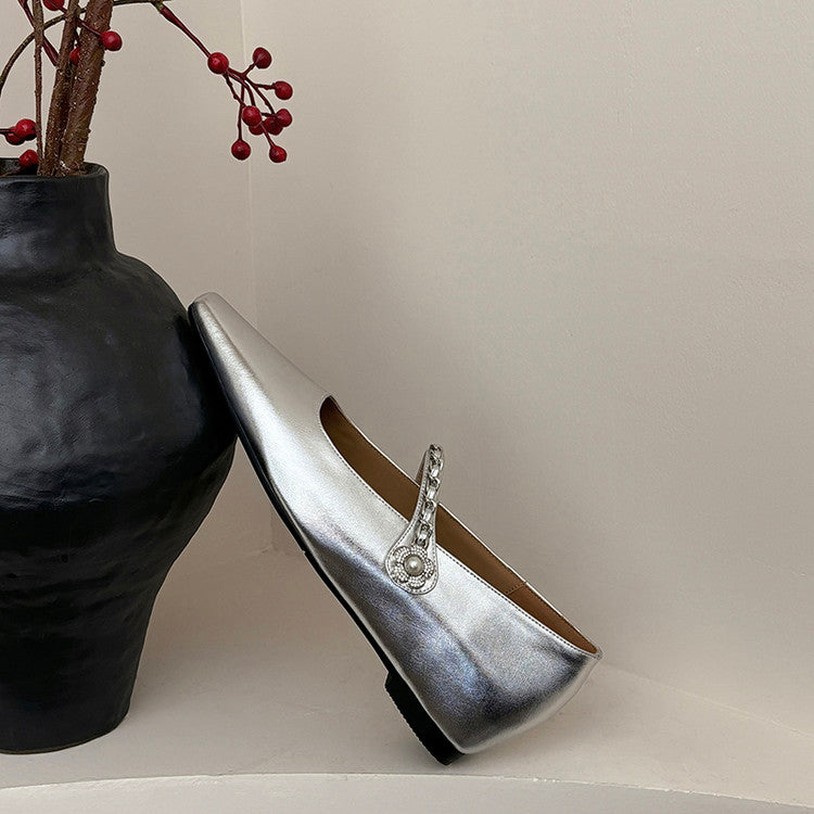 Karin Luna In Stock In Stock ~Metal One-Strap Pearl Small Square Toe Height-Increasing Flats