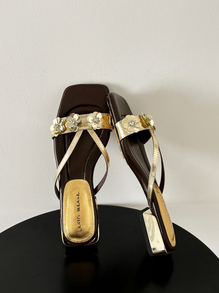 Karin Luna In Stock Spot Goods  One-Strap Sequin Floral Square-Toe Flat Slippers