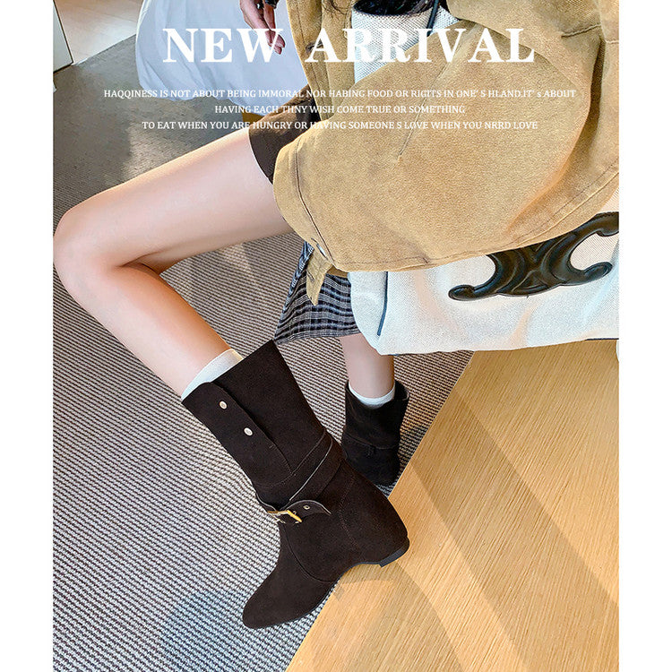 Karin Luna Foldable Belt Buckle Square Toe Hidden Wedge Short Boots