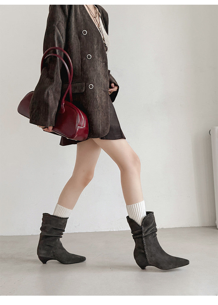 Karin Luna Small Square Toe Retro Ruched Pile Short Boots