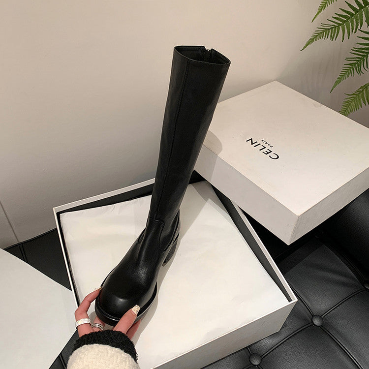 Karin Luna Basic Versatile Style Round Toe Chunky Heel Long Boots