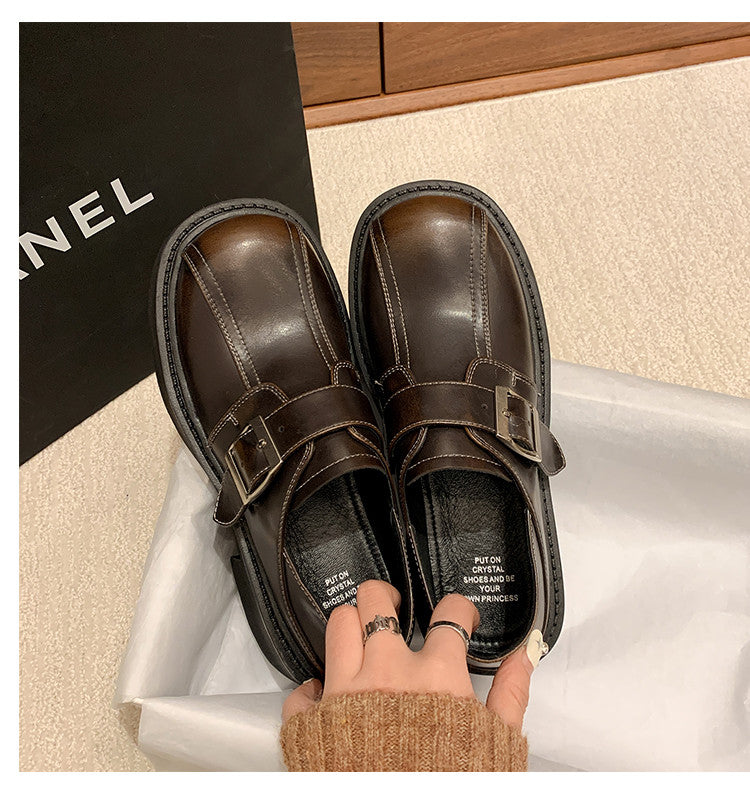 Karin Luna In Stock Spot Goods Metal Round Toe Cow Leather Thick Sole Flats