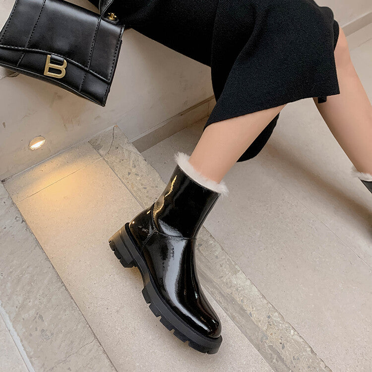 Karin Luna In Stock  Best-selling in stock Thickened Fleece Cow Patent Leather Hot-Selling Flat Short Boots