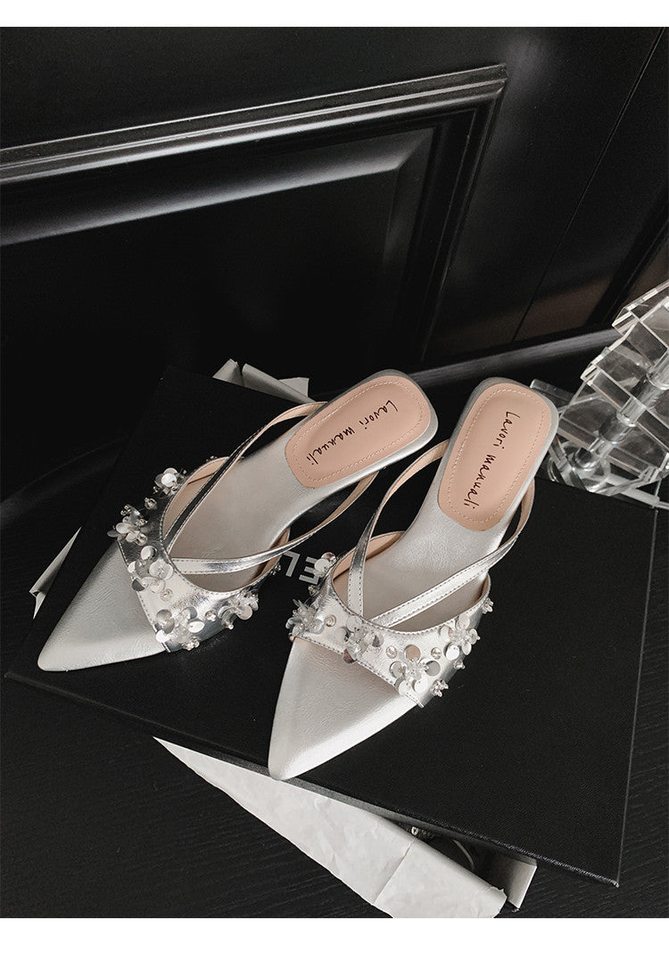 Karin Luna Bestseller Sequin Elements Elegant Pointed Toe Irregular Heel Slippers