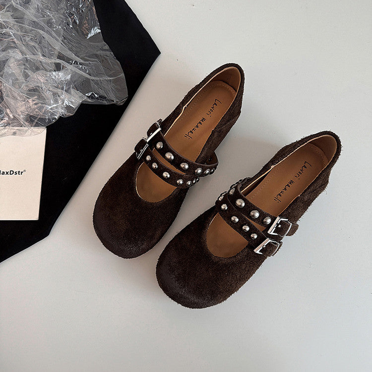 Karin Luna Hot Item Hot Item Punk Style One-Strap Round-Toe Suede Leather Height-Increasing Flats
