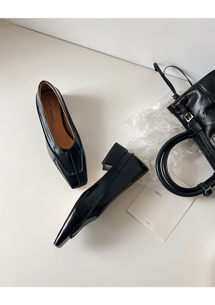 Karin Luna In Stock Spot Goods  Retro Full Leather Square Toe Shallow Mouth Single Shoes