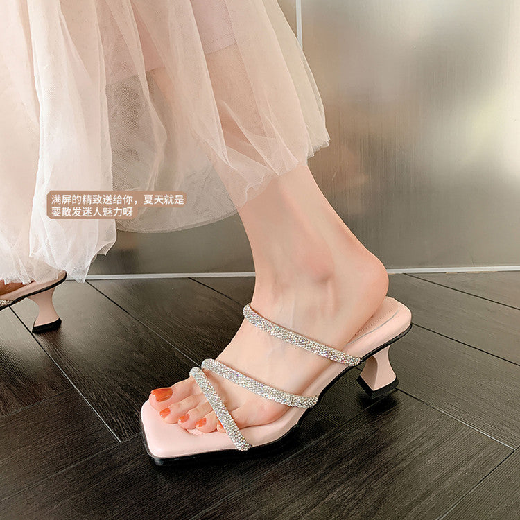 Karin Luna In Stock Spot Goods  Minimalist Versatile Square Toe Rhinestone Strap Open-Toe Sandals