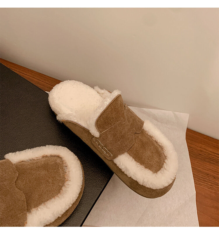 Karin Luna In Stock Look~This is such thick lamb wool Winter Atmosphere！Cowhide Leather Lamb Wool Round Toe Flat Sole Half Support！