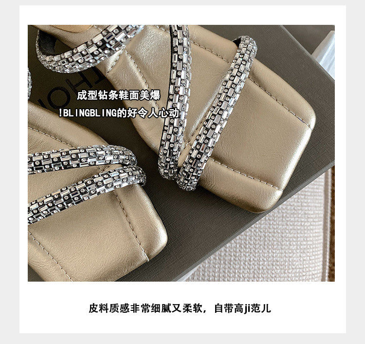 Karin Luna In Stock Spot Goods  Rhinestone One-Strap Irregular Heel Square-Toe Slippers