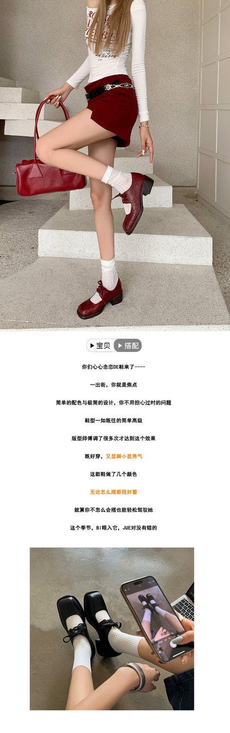 Karin Luna In Stock Spot Goods   Full leather inside and out Vegetable Tanned Hand-Grabbed Sheepskin Square-Toed Chunky Heel Single Shoes