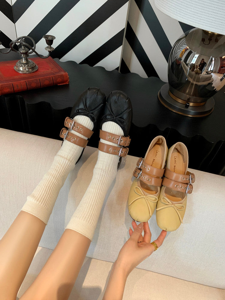 Karin Luna In Stock Spot Goods Minimalist Retro Round Toe Mary Jane Bowknot Height-Increasing Flats