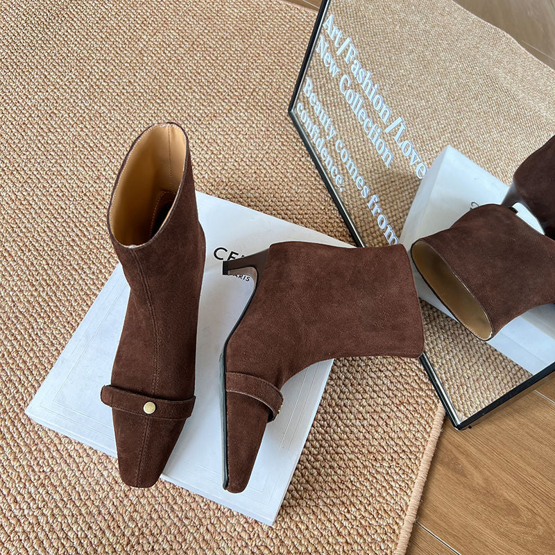 Karin Luna Elegant Style Small Square Toe Belt Buckle Thin Heel Short Boots