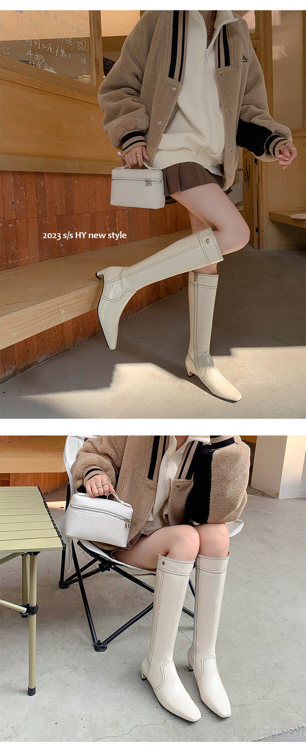 Karin Luna In Stock Spot Goods  Vintage Open Stitch Small Square Toe High Heel Side Zipper Riding Boots