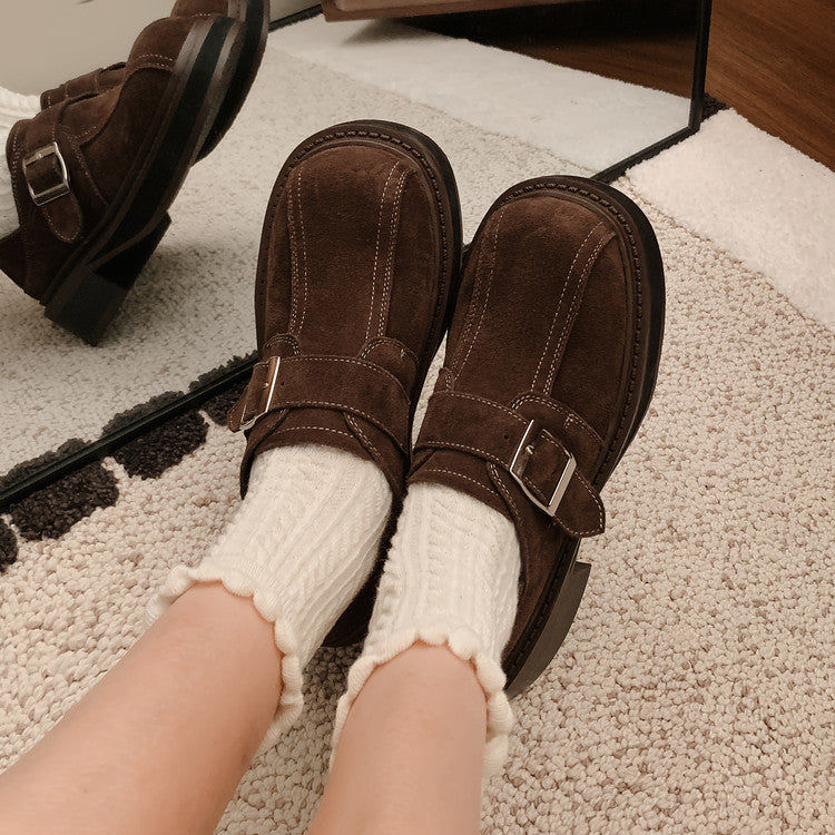 Karin Luna In Stock Spot Goods Metal Round Toe Cow Leather Thick Sole Flats