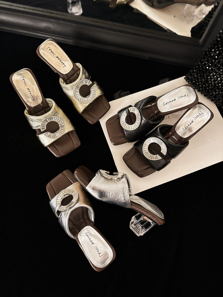 Karin Luna In Stock  Spot Goods  Large Rhinestone Square-Toed Crystal Heel Slippers