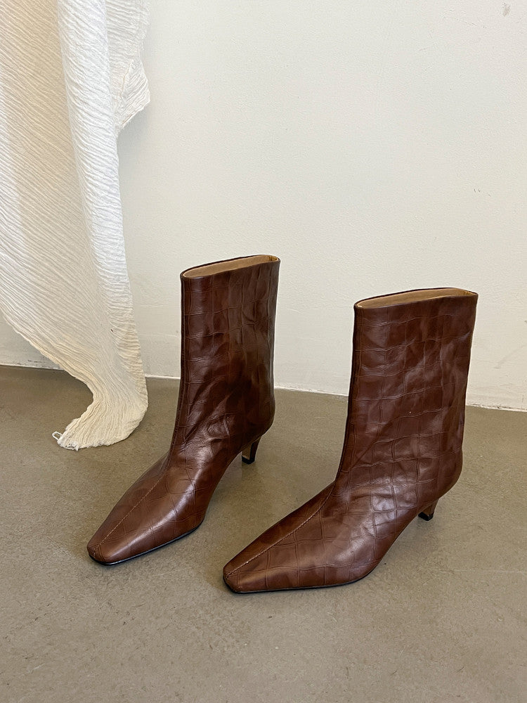 Karin Luna In Stock Spot Goods Top Layer Stone Pattern Cowhide Textured Small Square Toe Straight Short Boots