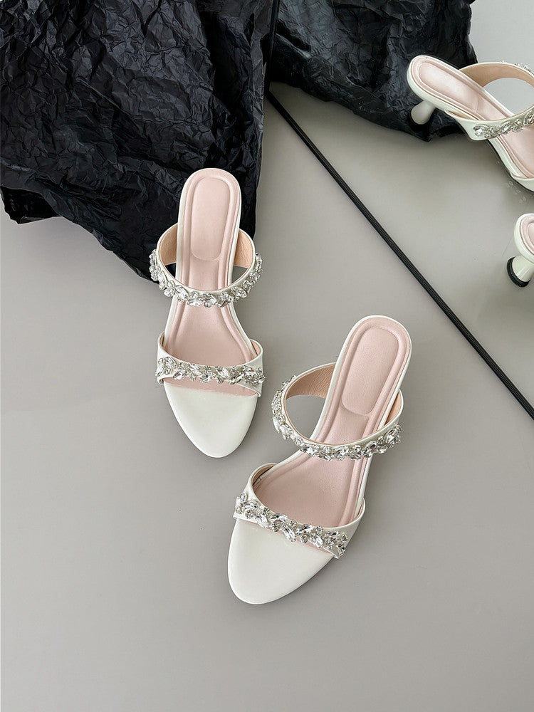 Karin Luna Exquisite Round Toe One-Strap Rhinestone Thin Heel Slippers