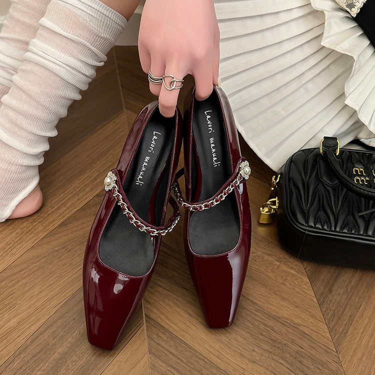 Karin Luna In Stock In Stock ~Metal One-Strap Pearl Small Square Toe Height-Increasing Flats