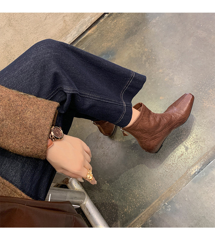 Karin Luna In Stock Spot Goods Slim Series  Hidden Wedge Small Square Toe Back Zipper Short Boots