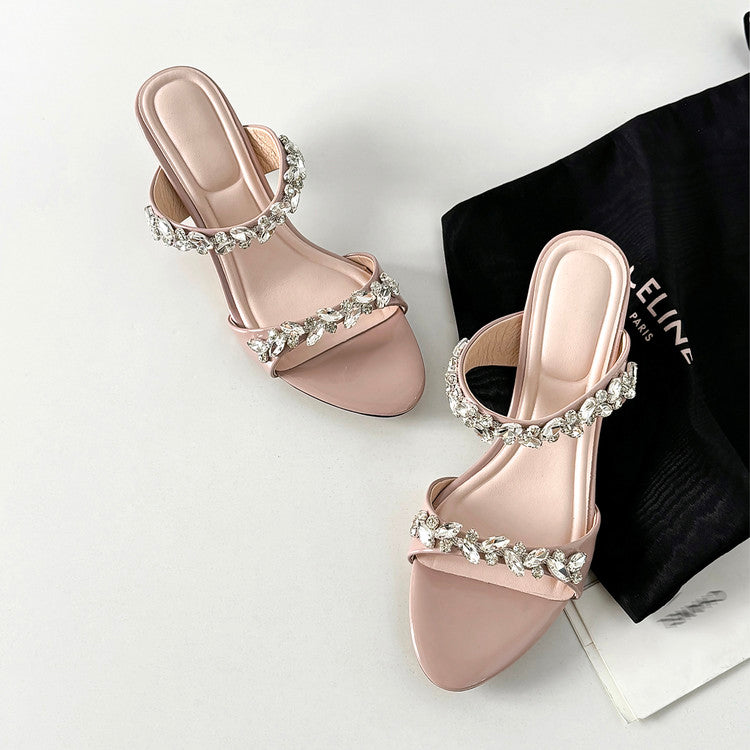 Karin Luna Exquisite Round Toe One-Strap Rhinestone Thin Heel Slippers