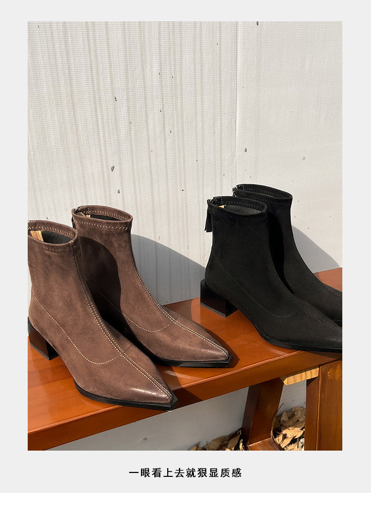 Karin Luna In Stock In Stock Elastic Slim Pointed Toe Chunky Heel Basic Ankle Boots