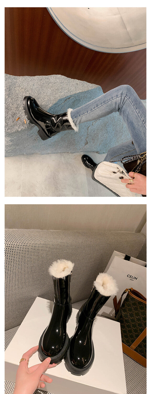 Karin Luna In Stock  Best-selling in stock Thickened Fleece Cow Patent Leather Hot-Selling Flat Short Boots