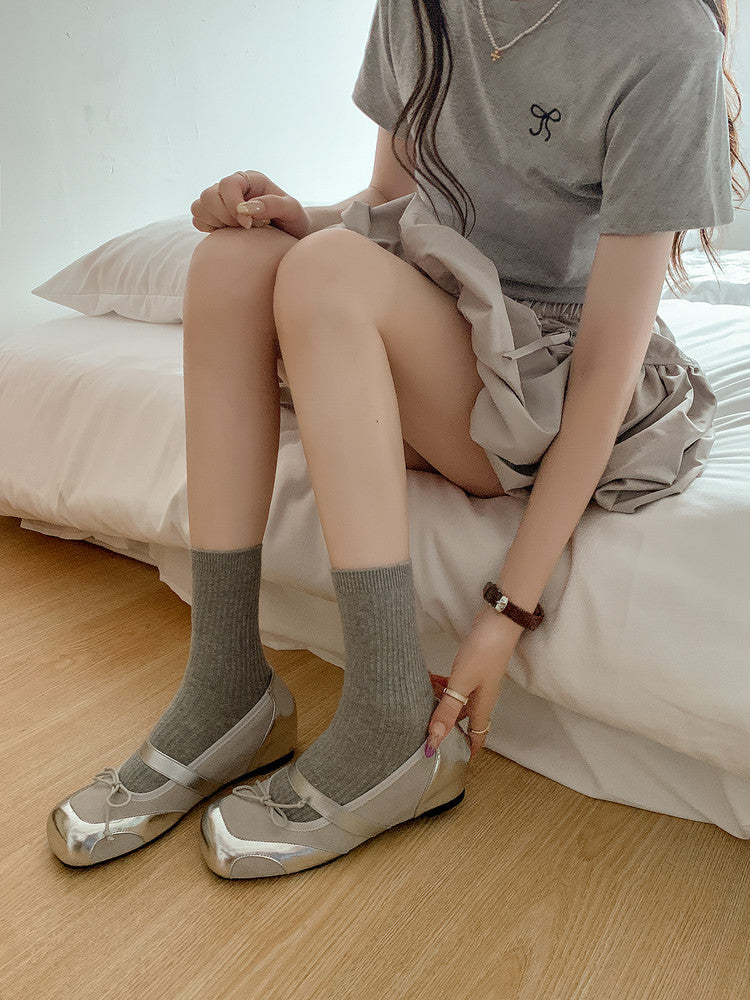 Karin Luna In Stock Spot Goods    Color Block Cowhide Leather Square Toe Slip-On Height Increasing Bowknot Flats