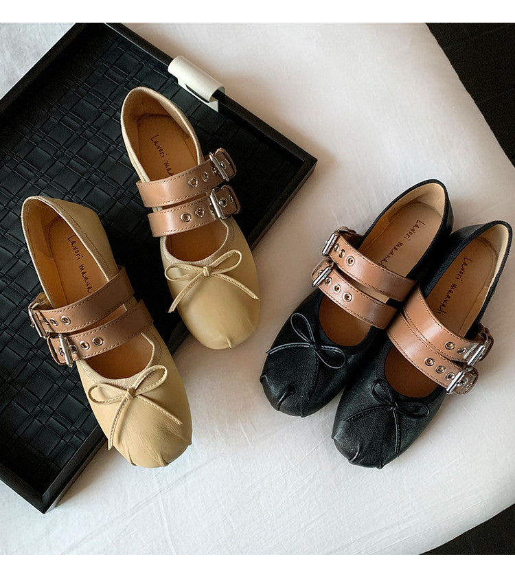 Karin Luna In Stock Spot Goods Minimalist Retro Round Toe Mary Jane Bowknot Height-Increasing Flats