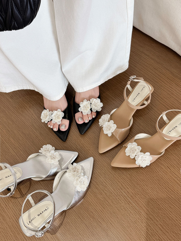 Karin Luna In Stock Spot Goods  Classic Camellia Pointed Toe Elegant Irregular Heel Sandals