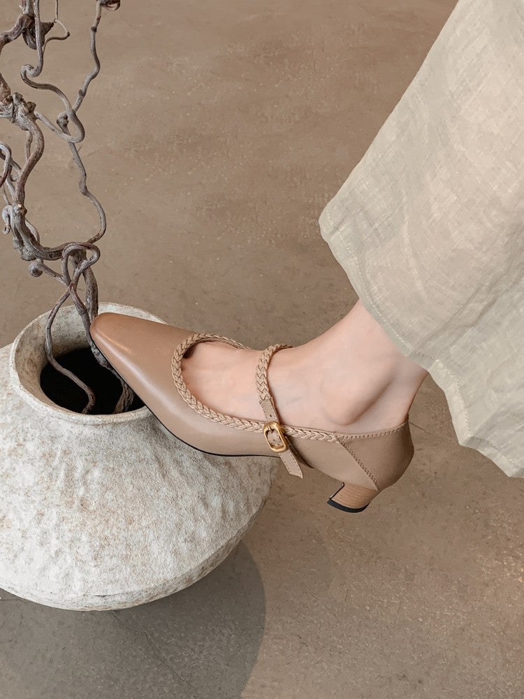 Karin Luna Braided Element Design Chunky Heel Square Toe Single Strap Shoes