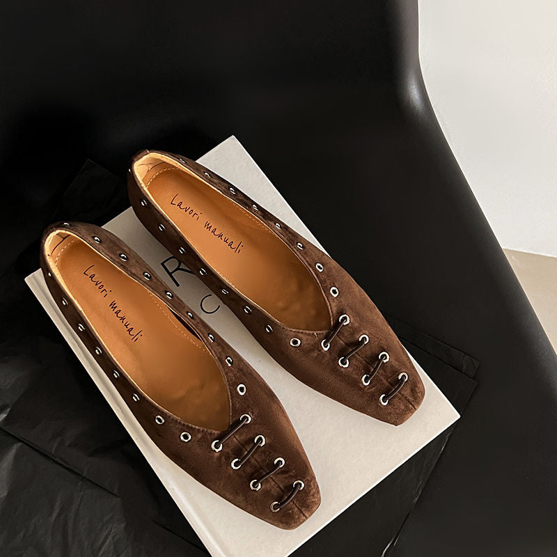 Karin Luna In Stock Spot Goods    Old Money Style Square Toe Suede Flats