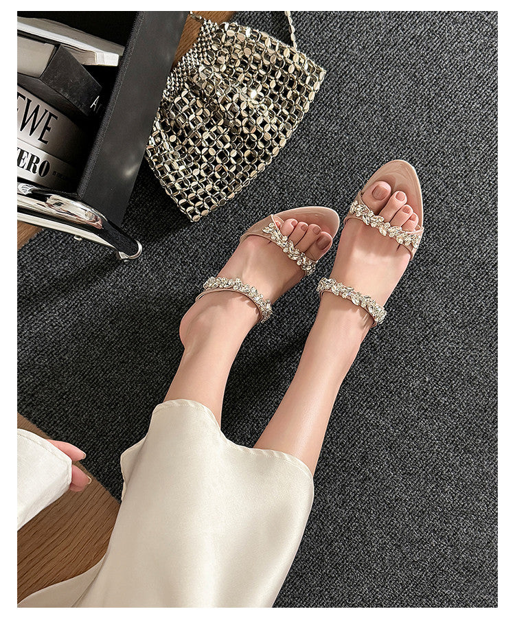 Karin Luna Exquisite Round Toe One-Strap Rhinestone Thin Heel Slippers
