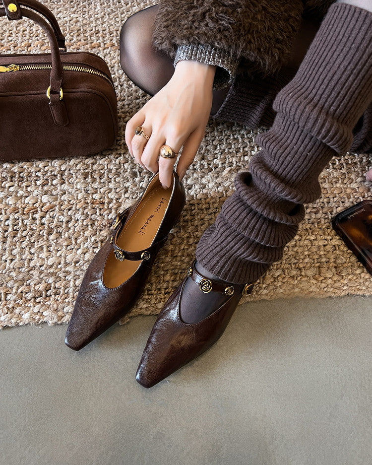 Karin Luna In Stock Spot Goods    Retro Classic Metal Camellia Irregular Heel Single Shoes