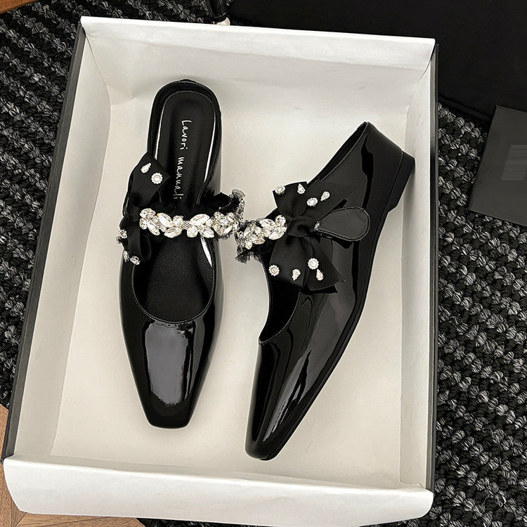 Karin Luna Handmade One-Strap Rhinestone Ribbon Square-Toe Mules