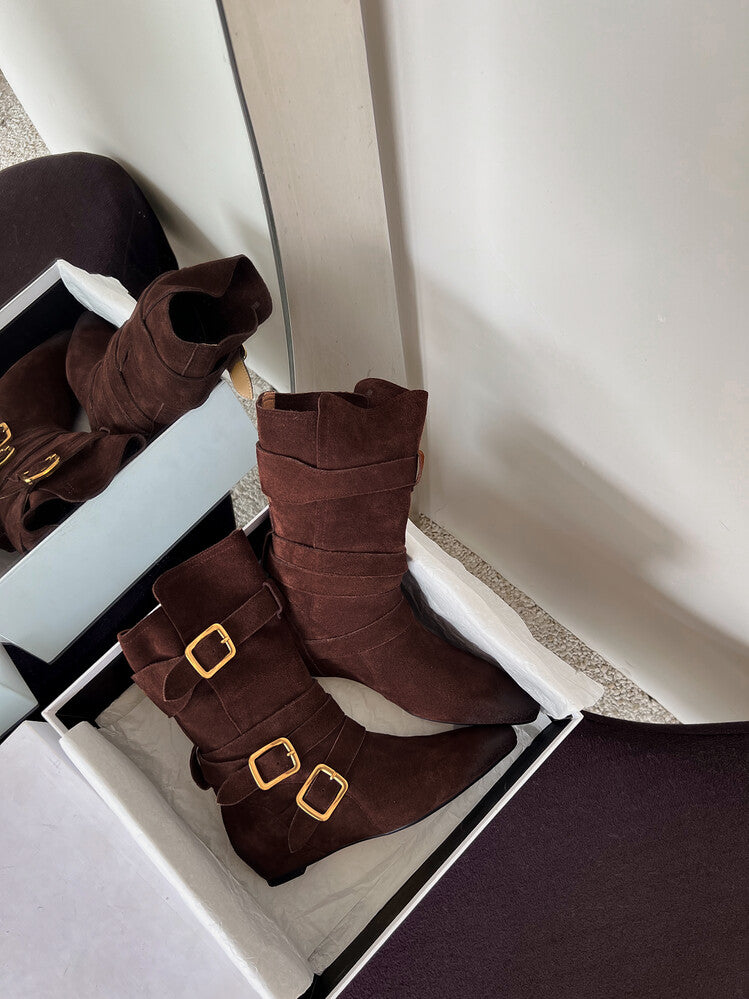 Karin Luna Cow Leather Small Square Toe Belt Buckle Fashion Boots