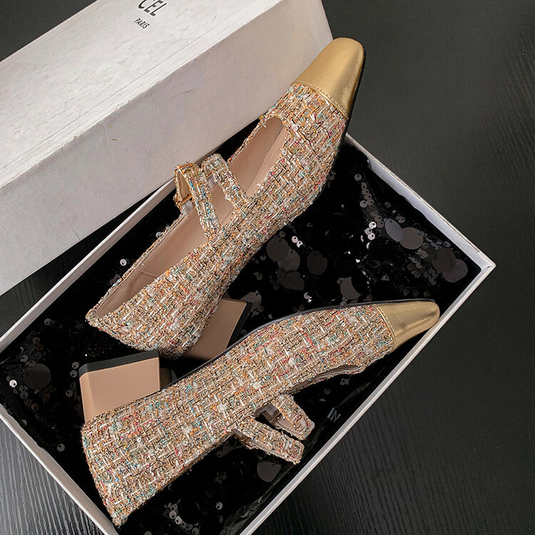 Karin Luna Classic Chanel Style~ Tweed Spring Limit Square Toe Chunky Heel Mary Jane Strap Single Shoes