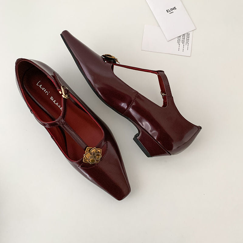 Karin Luna In Stock Spot Goods    Retro Classic Metal Camellia Irregular Heel Single Shoes