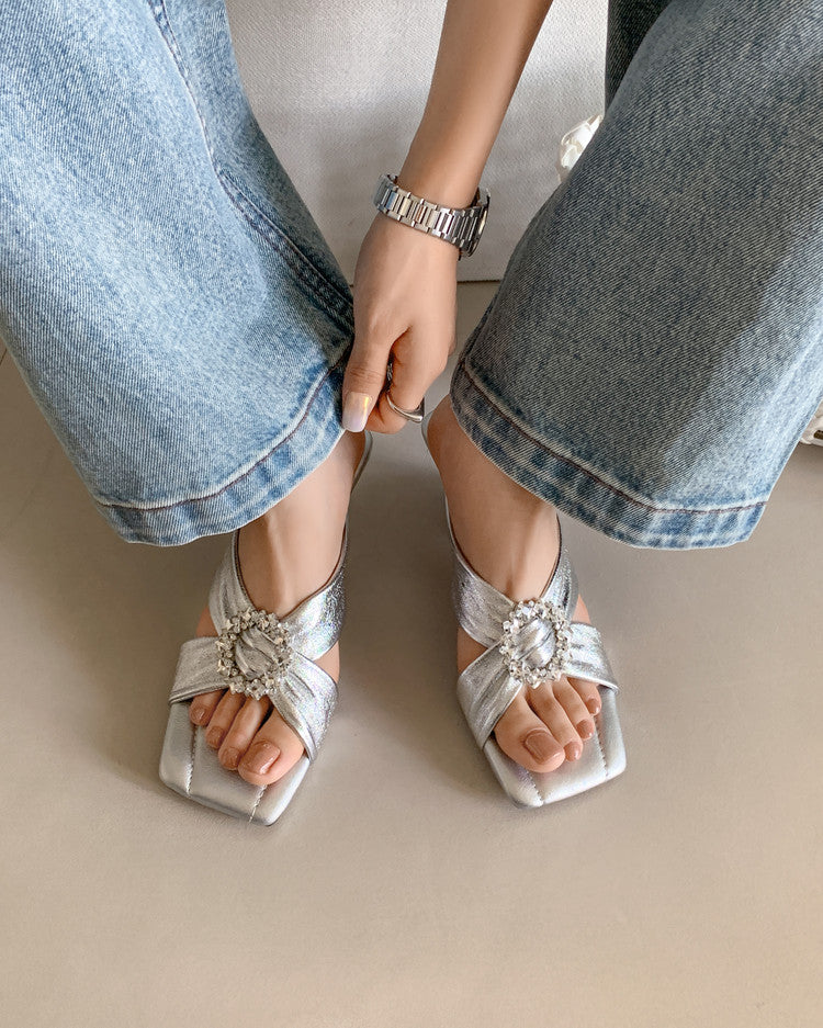 Karin Luna In Stock In Stock Elegant Square-Toe Cross-Strap Rhinestone Square-Toe Slippers