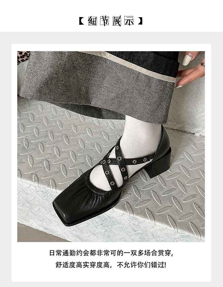 Karin Luna In Stock Spot Goods First Layer Sheepskin Cross Strap Rivet Square Toe Mary Jane Sandals