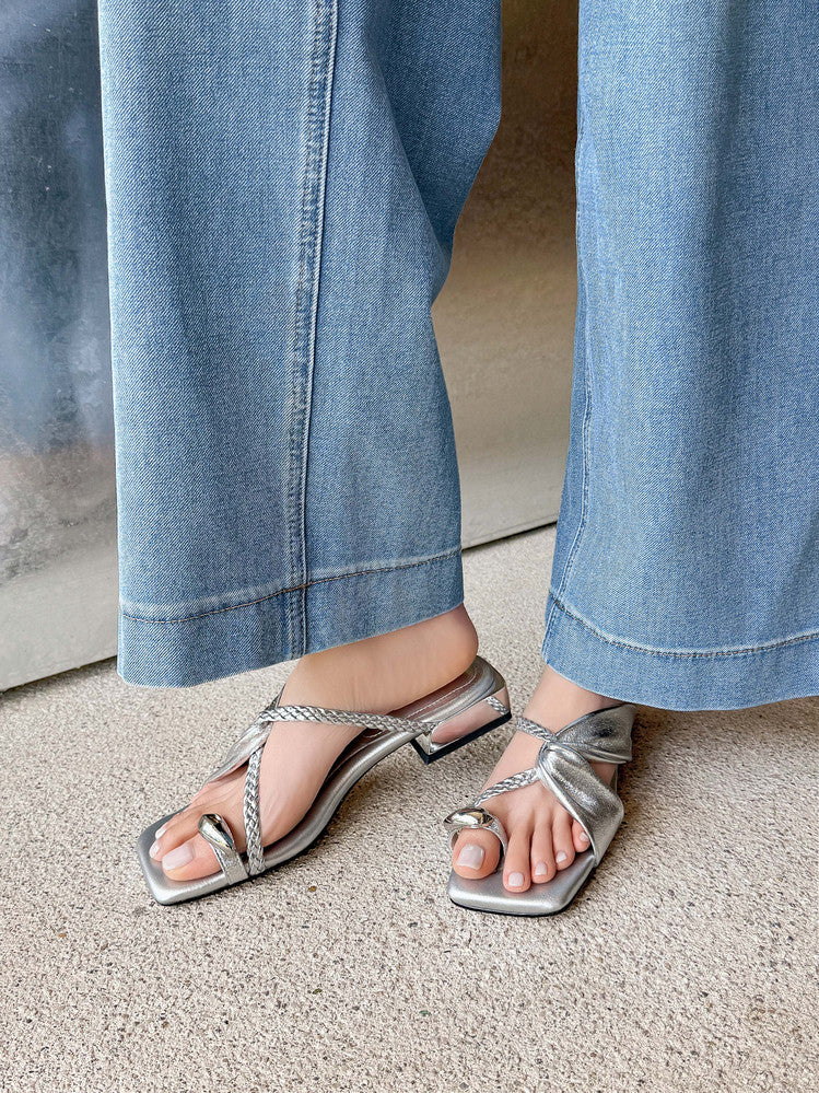 Karin Luna  Square Toe Braided Cross Thick Heel Flat Slippers