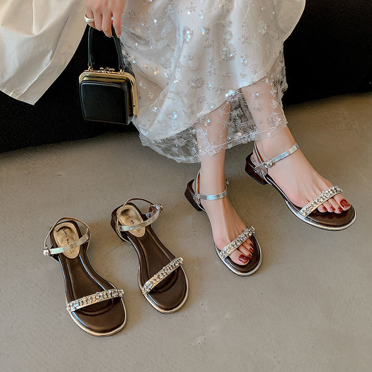 Karin Luna In Stock In Stock  Rhinestone Strap Round Toe Chunky Heel Sandals