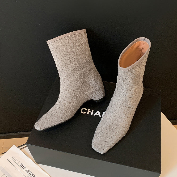 Karin Luna Handmade Woven Fabric Small Square Toe Hidden Heel Short Boots