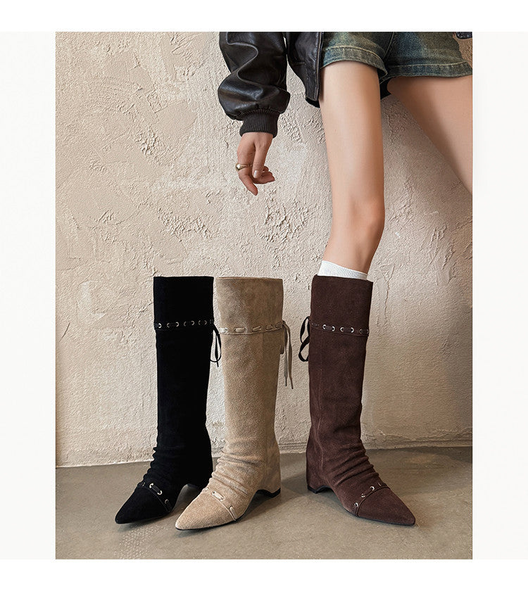 Karin Luna Elegant Style  Pointed Toe Pleated Hidden Wedge Western Boots