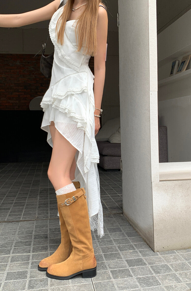 Karin Luna Chunky Heels Round Head Belt Buckle  Fashionable Suede Boots