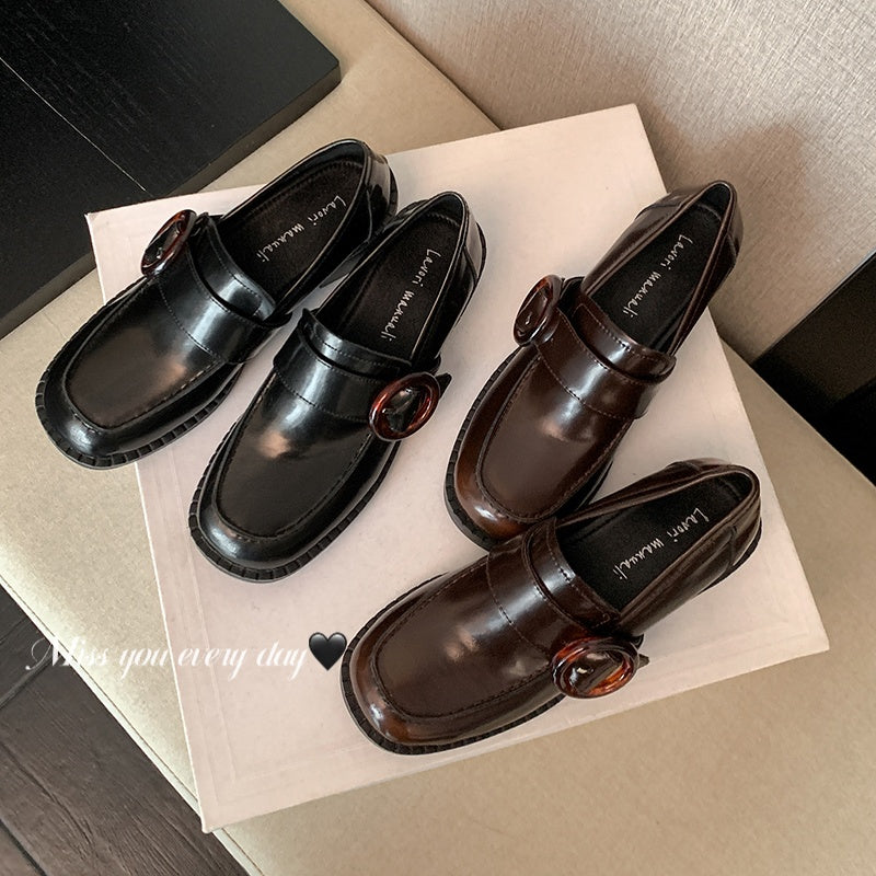 Karin Luna In Stock Spot Goods Vintage Round Buckle Round Toe Flat British Style Deep Mouth Single Shoes