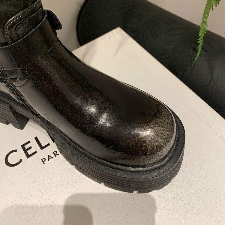 Karin Luna In Stock Spot Goods Round Toe Thick Sole Belt Buckle Straight Long Boots